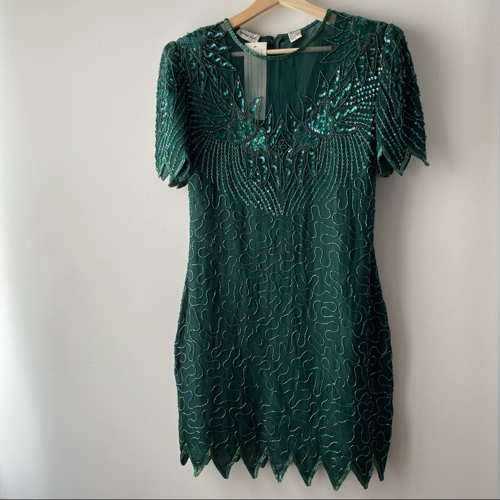 DENISE ELLE BEADED DRESS GREEN VTG